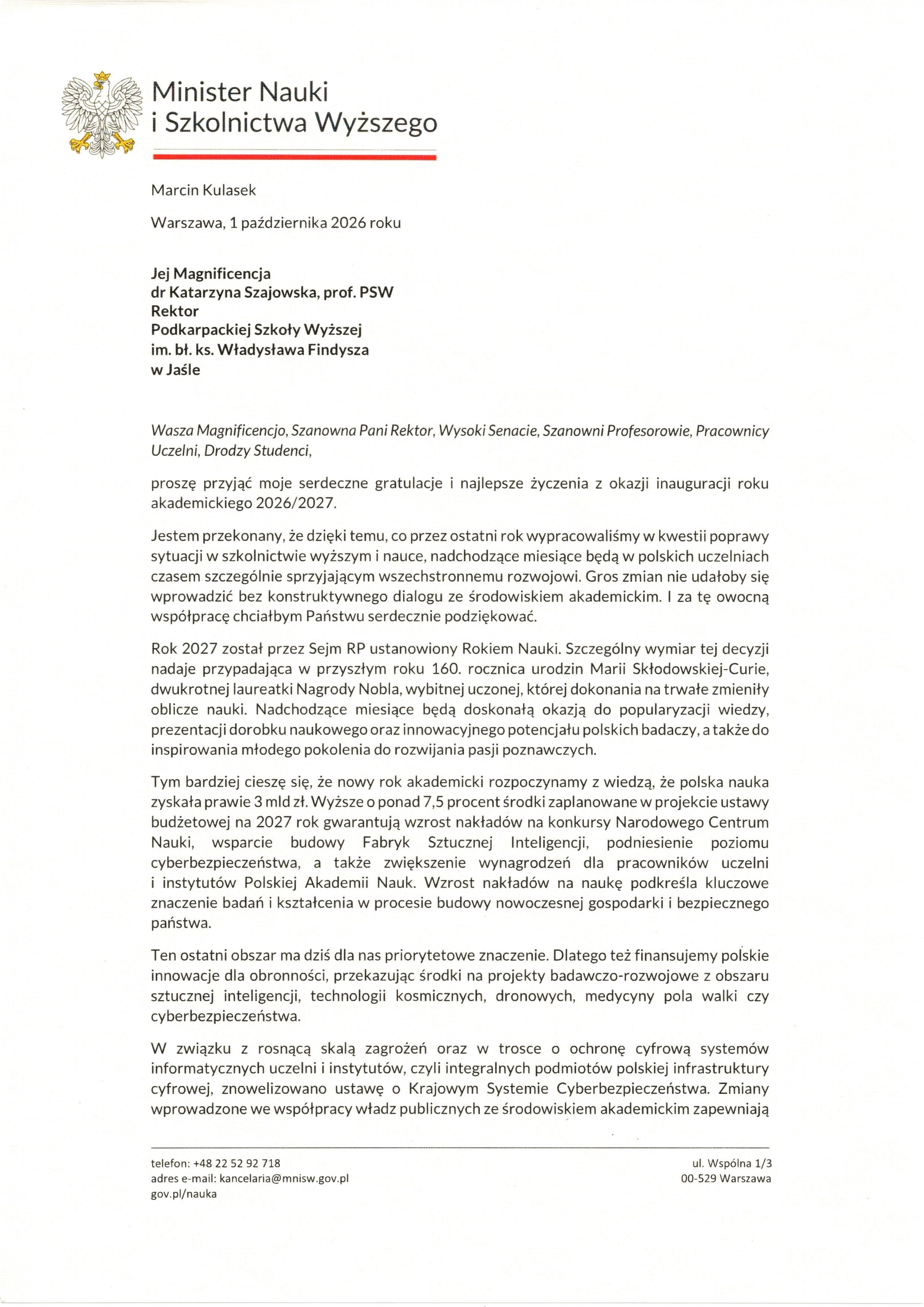 Zdjęcie galerii do artykułu Pisma gratulacyjne z okazji Jubileuszu 25-lecia i Inauguracji Roku Akademickiego 2026/2027