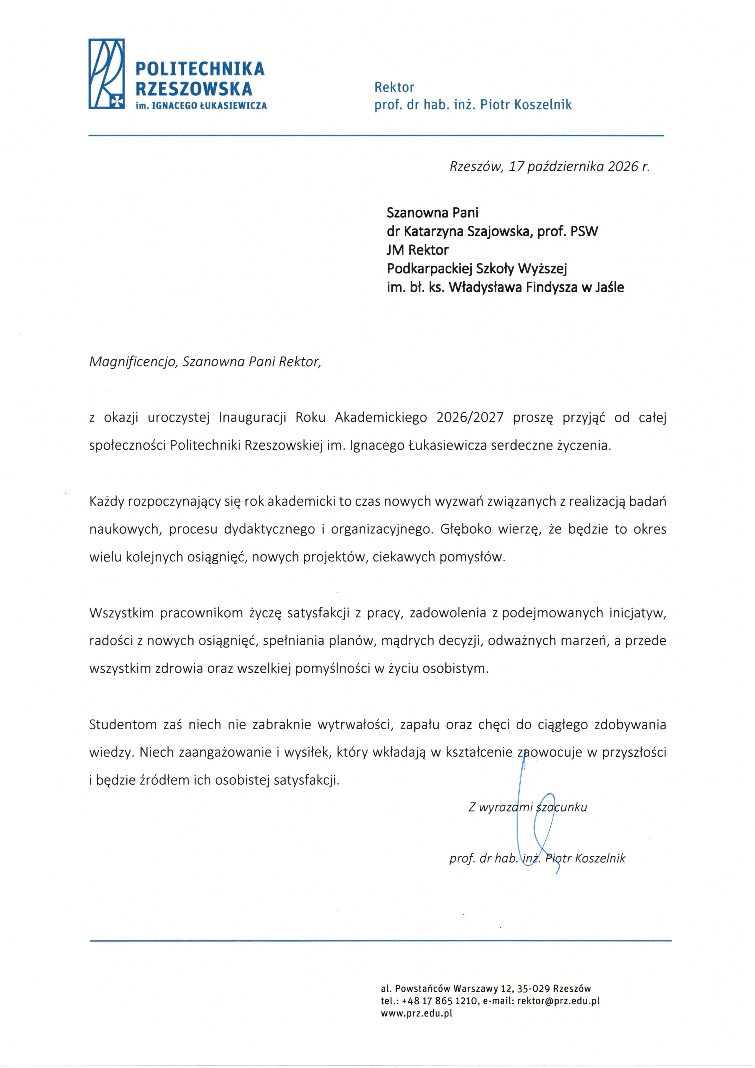 Zdjęcie galerii do artykułu Pisma gratulacyjne z okazji Jubileuszu 25-lecia i Inauguracji Roku Akademickiego 2026/2027