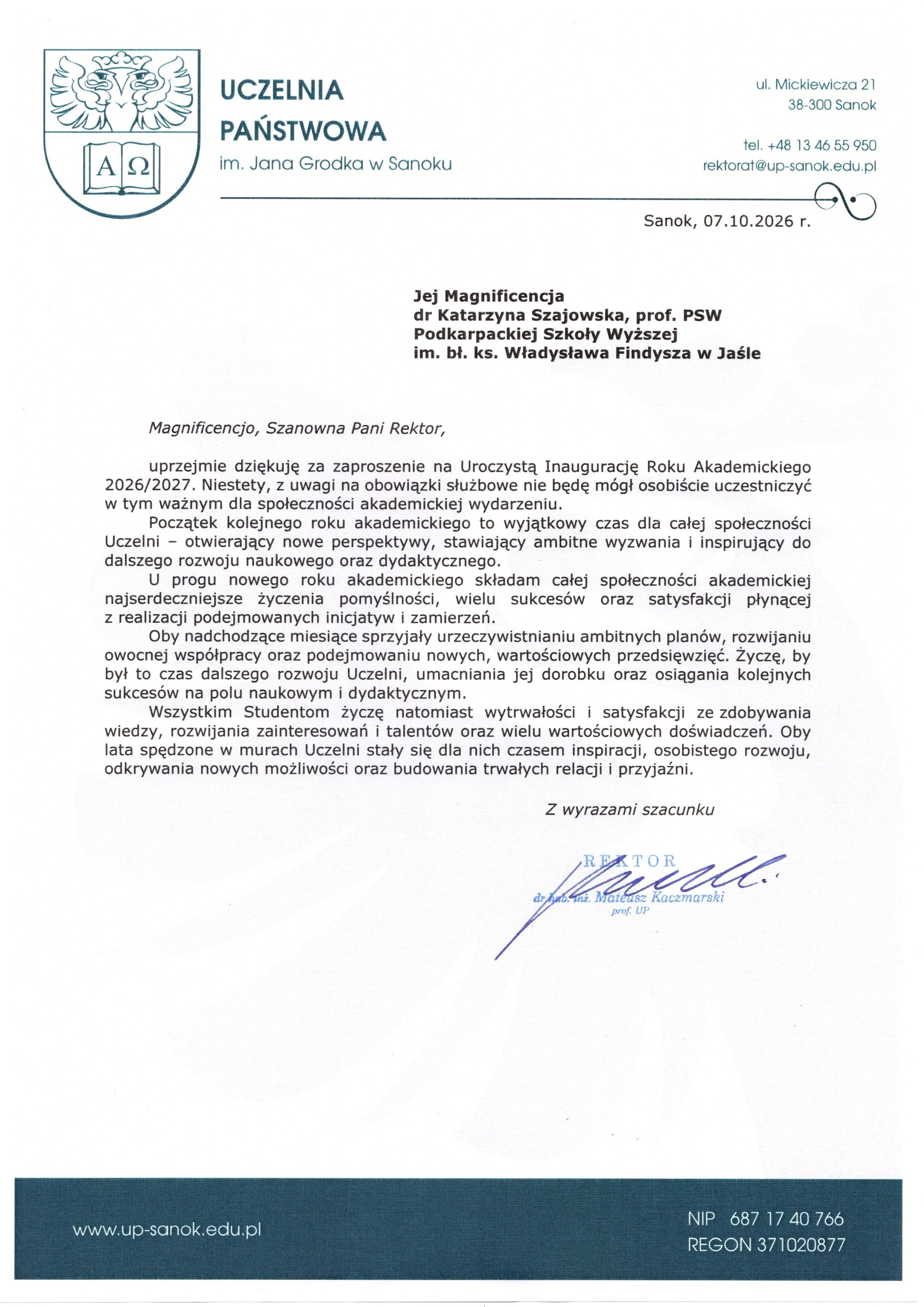 Zdjęcie galerii do artykułu Pisma gratulacyjne z okazji Jubileuszu 25-lecia i Inauguracji Roku Akademickiego 2026/2027