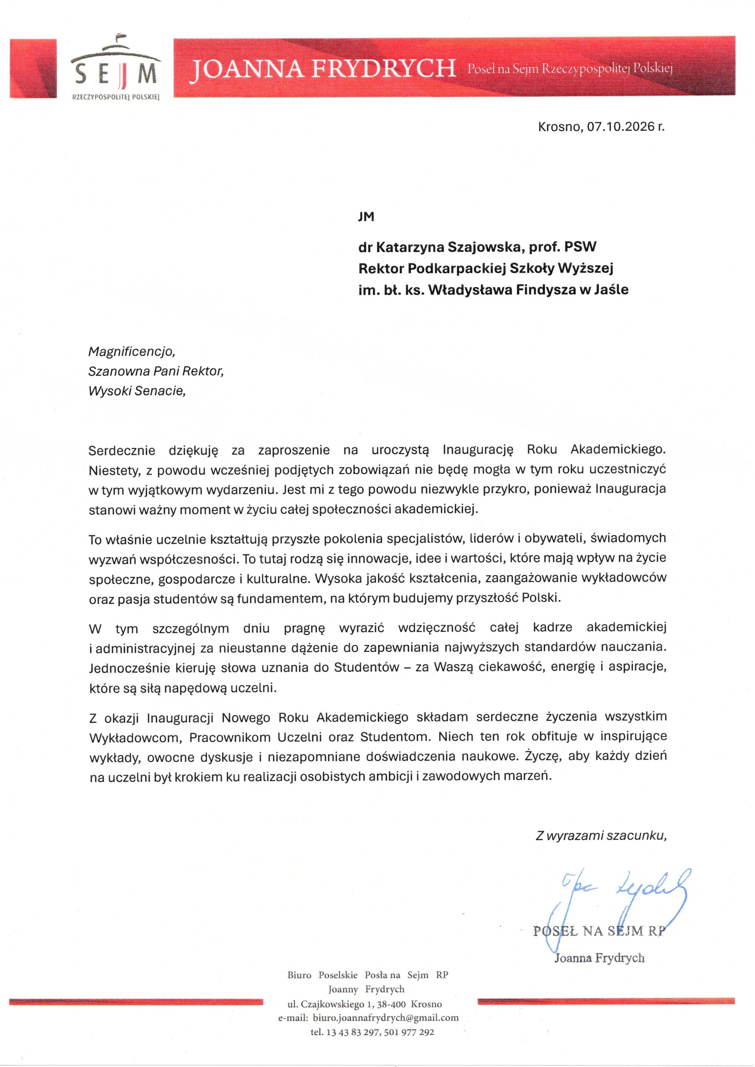 Zdjęcie galerii do artykułu Pisma gratulacyjne z okazji Jubileuszu 25-lecia i Inauguracji Roku Akademickiego 2026/2027