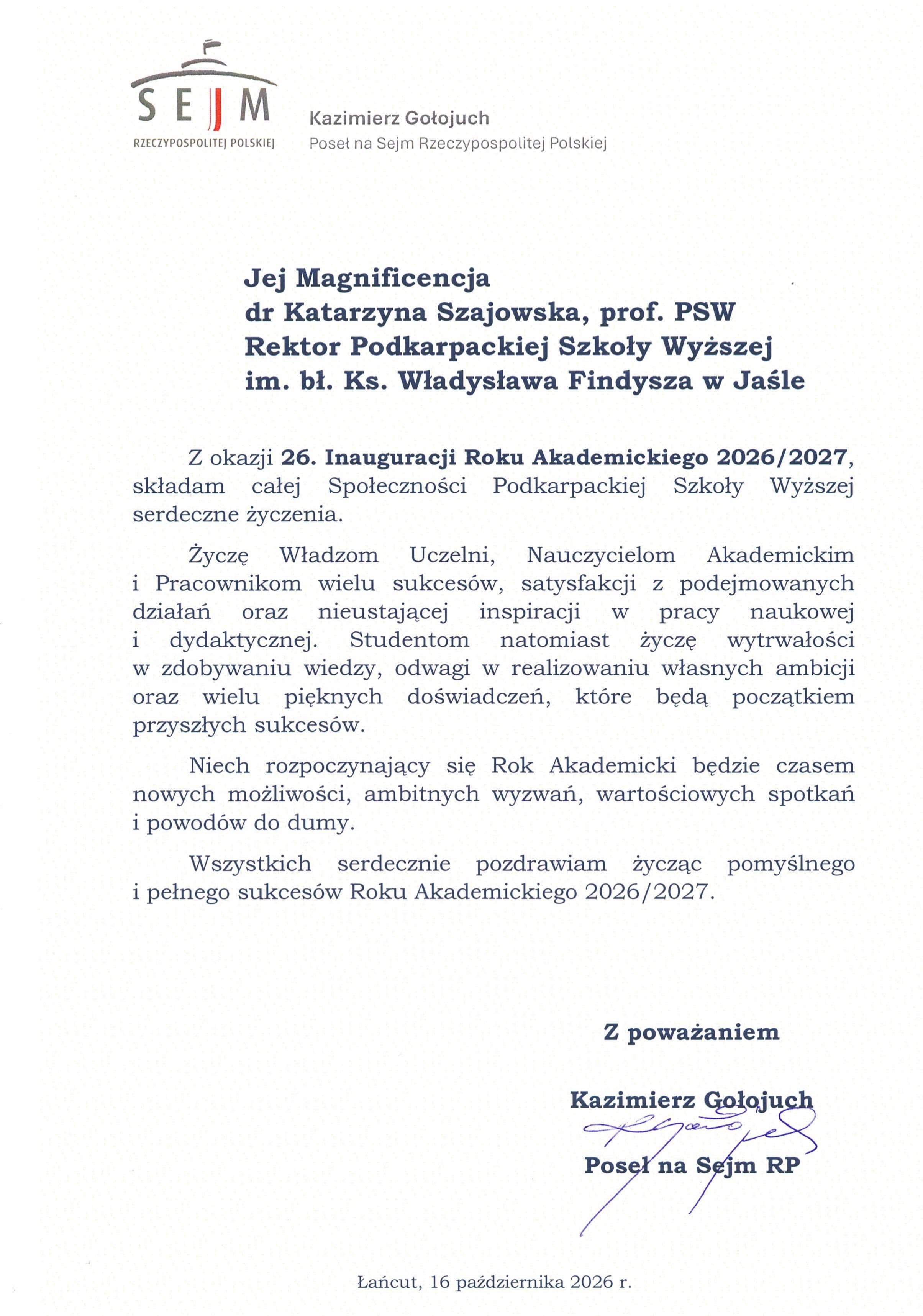 Zdjęcie galerii do artykułu Pisma gratulacyjne z okazji Jubileuszu 25-lecia i Inauguracji Roku Akademickiego 2026/2027