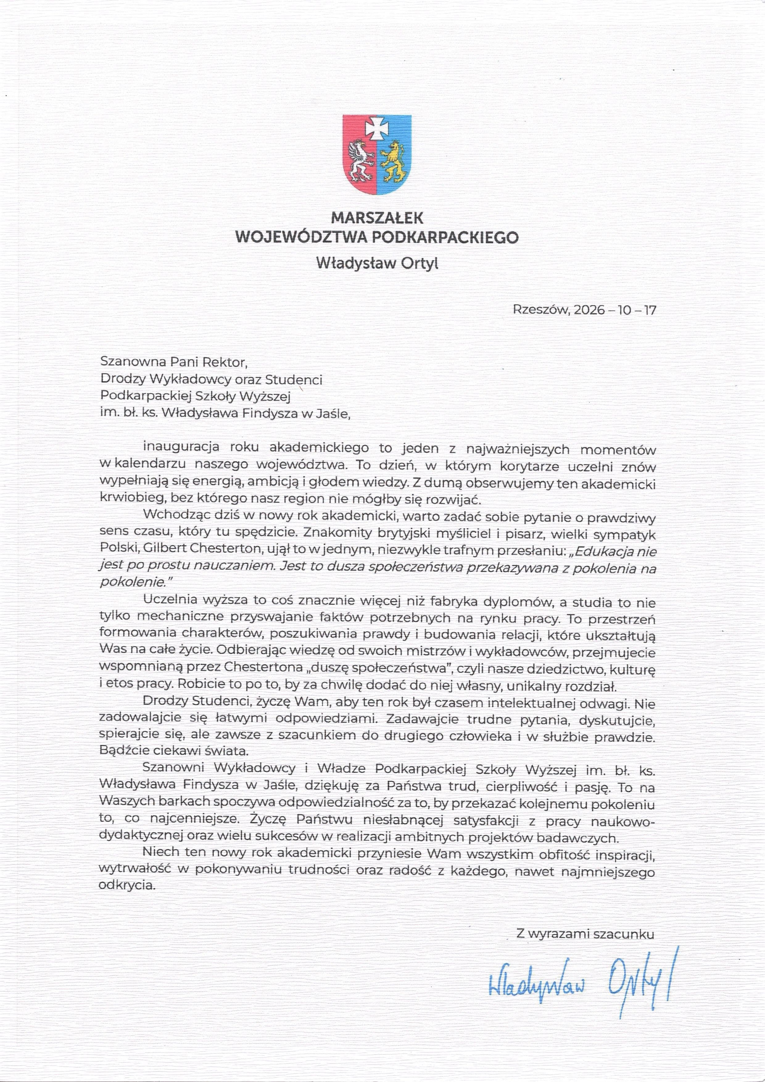 Zdjęcie galerii do artykułu Pisma gratulacyjne z okazji Jubileuszu 25-lecia i Inauguracji Roku Akademickiego 2026/2027